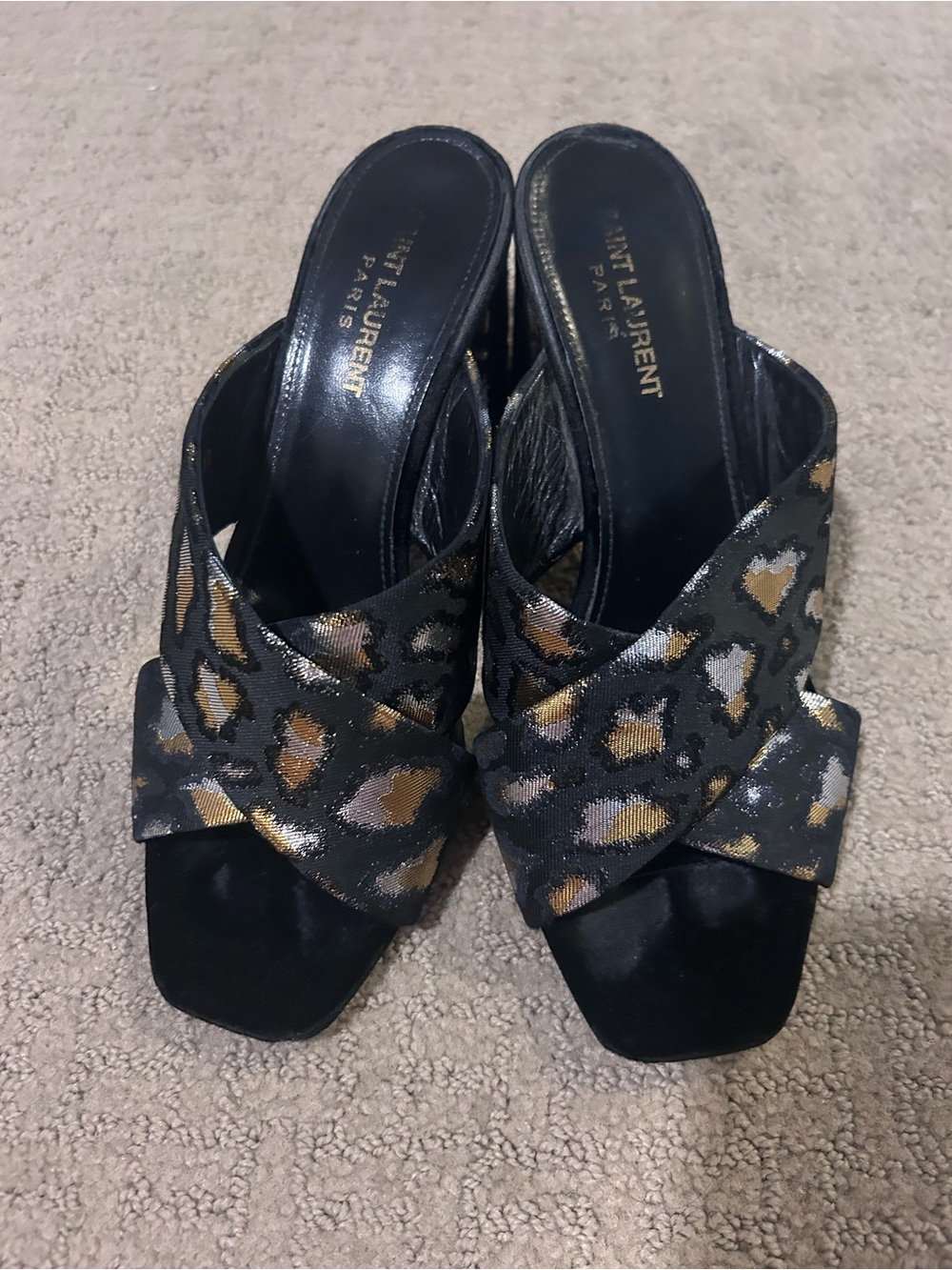 Saint Laurent Black with Gold & Silver Leopard-Print Slip-On Mules
